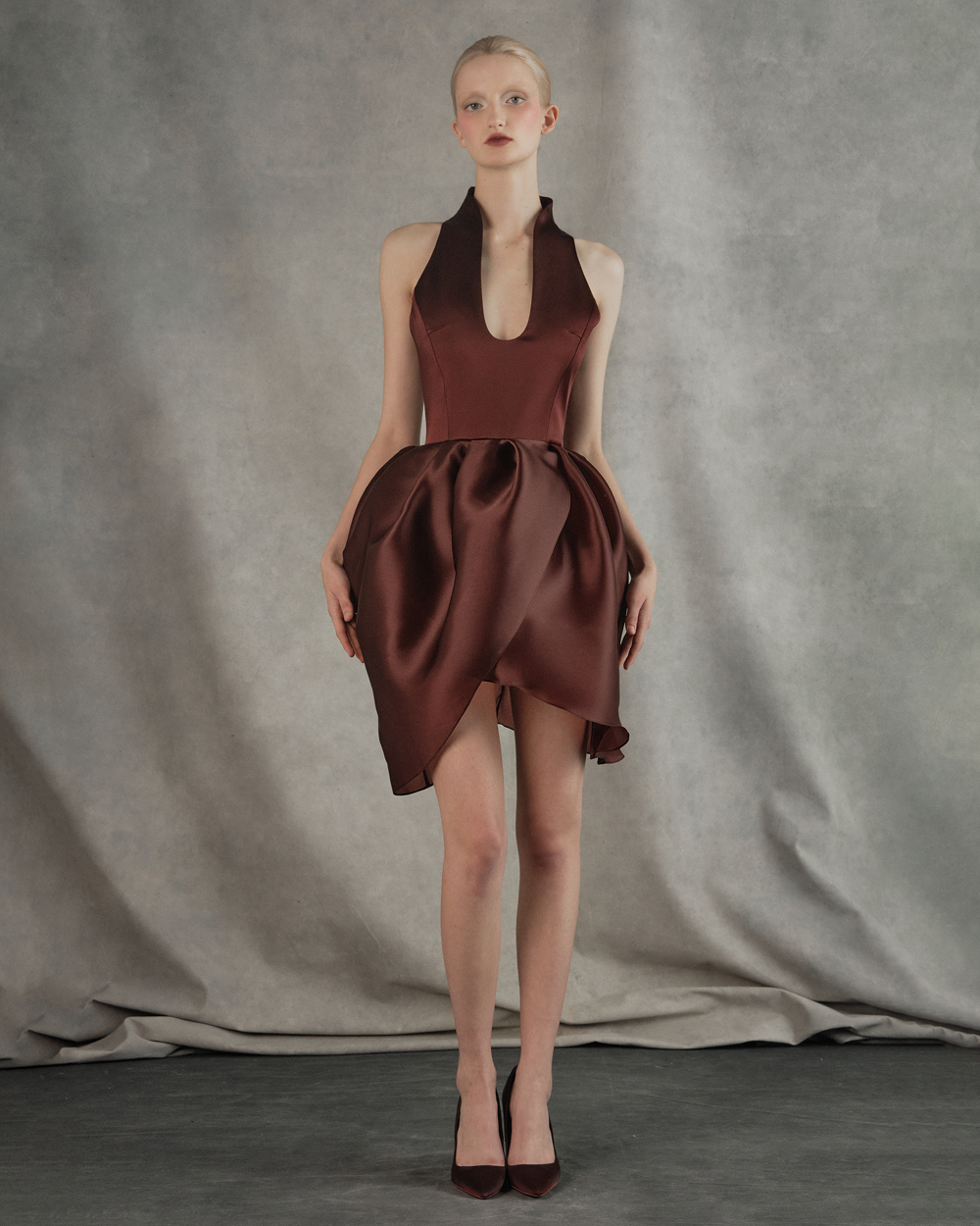 Satin and silk organza mini dress