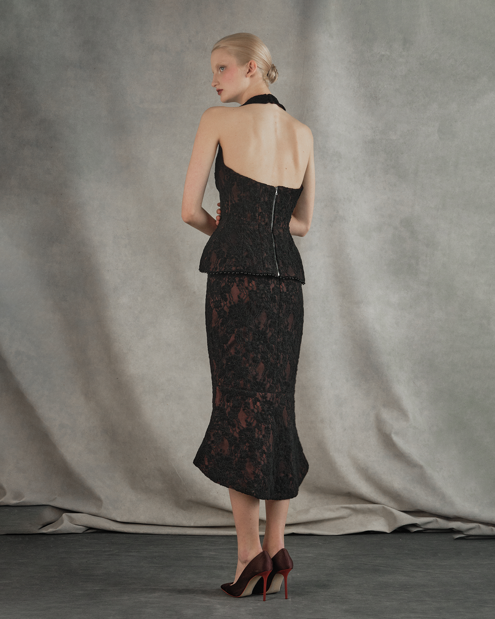 Lace and satin midi skirt