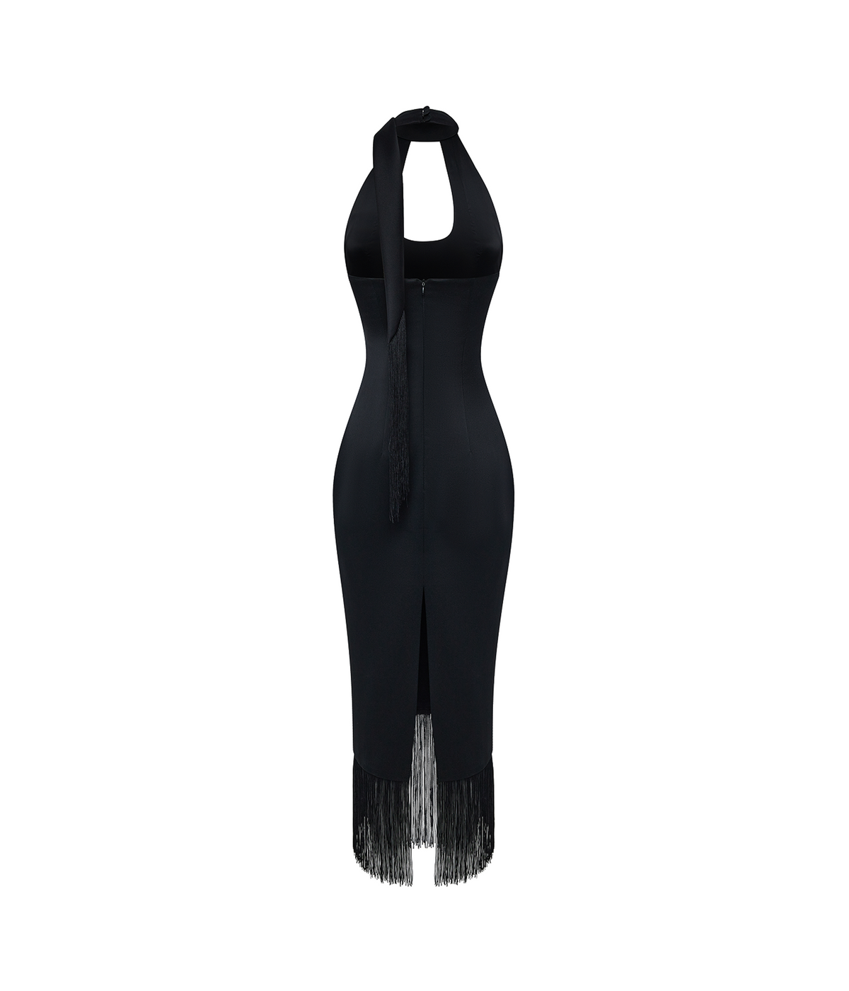 Satin midi dress with fringe trim