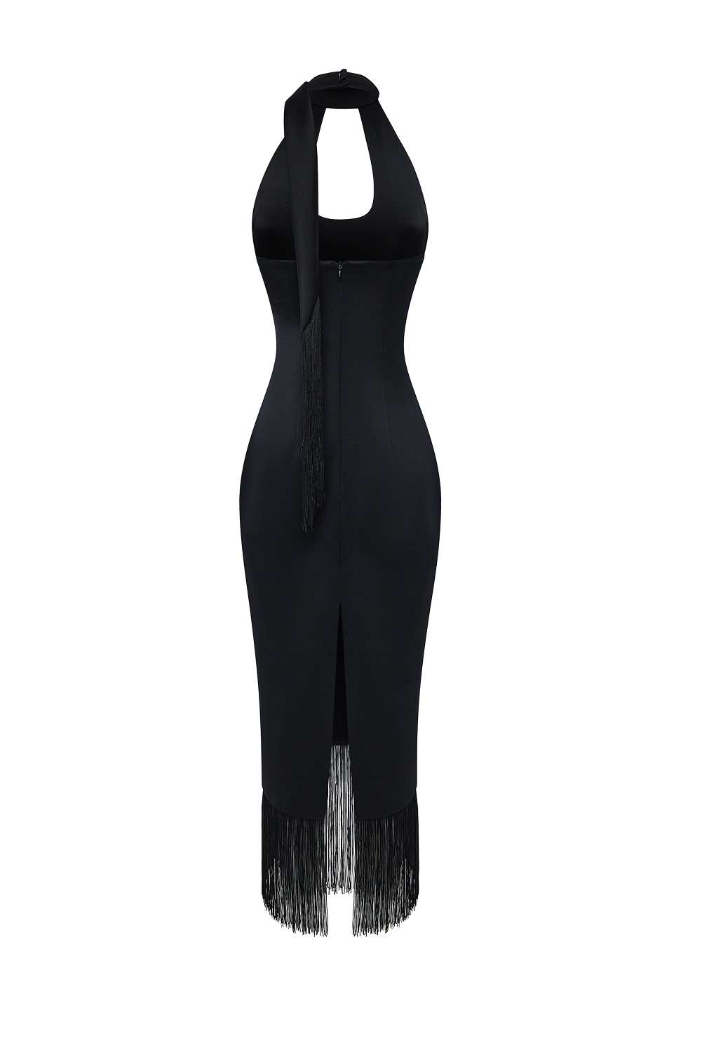 Satin midi dress with fringe trim