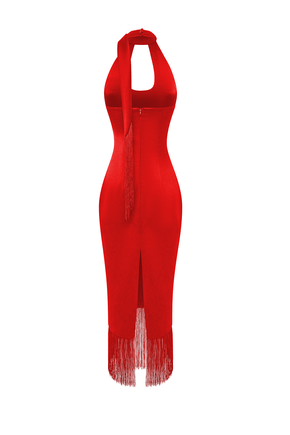 Satin midi dress with fringe trim