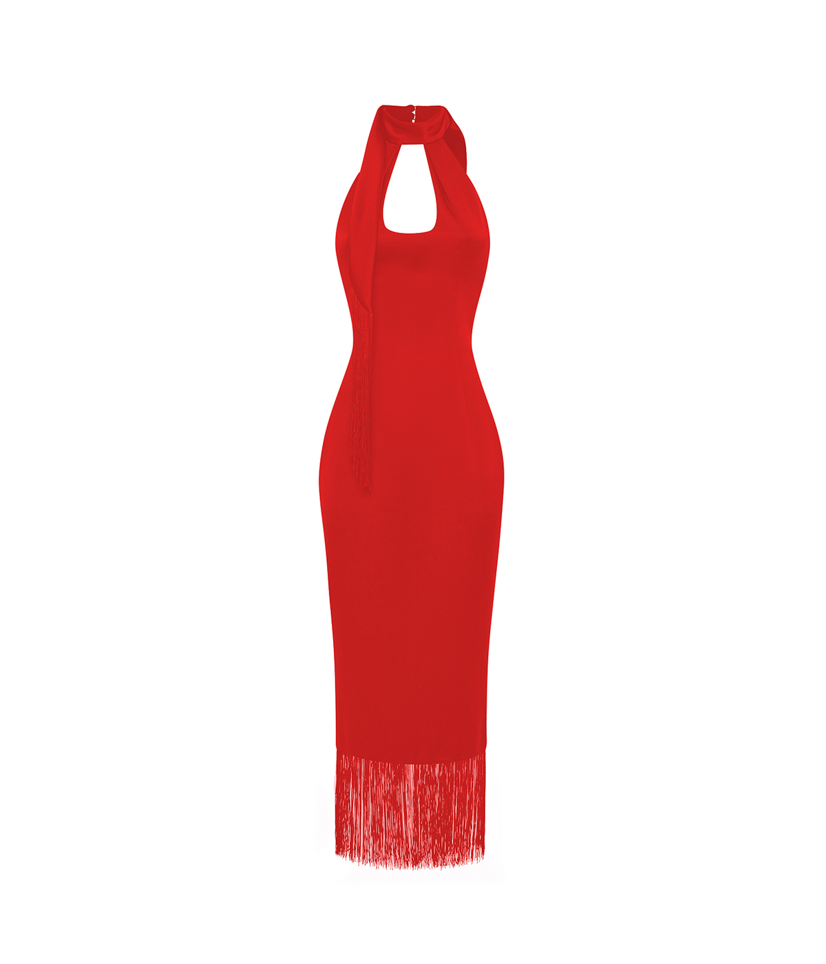 Satin midi dress with fringe trim