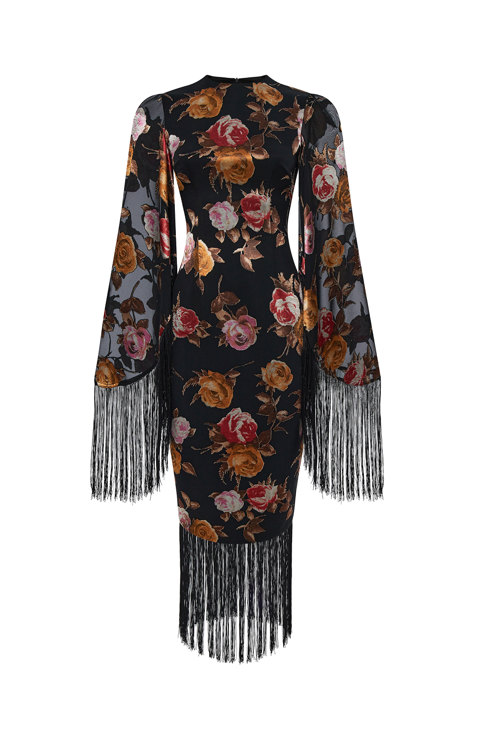 black fringe dress long sleeve Chiffon-devoré midi dress with fringe trim