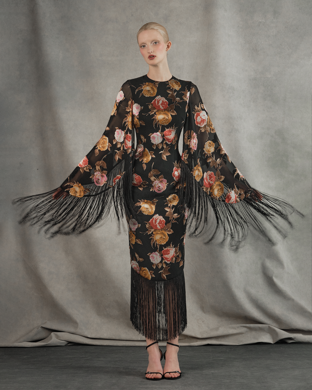 Chiffon-devoré midi dress with fringe trim