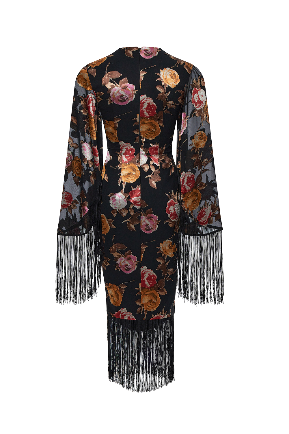 Chiffon-devoré midi dress with fringe trim