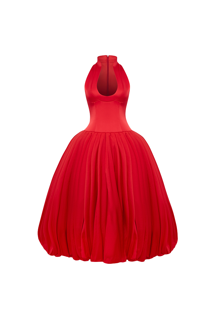 Satin midi dress with a voluminous taffeta skirt