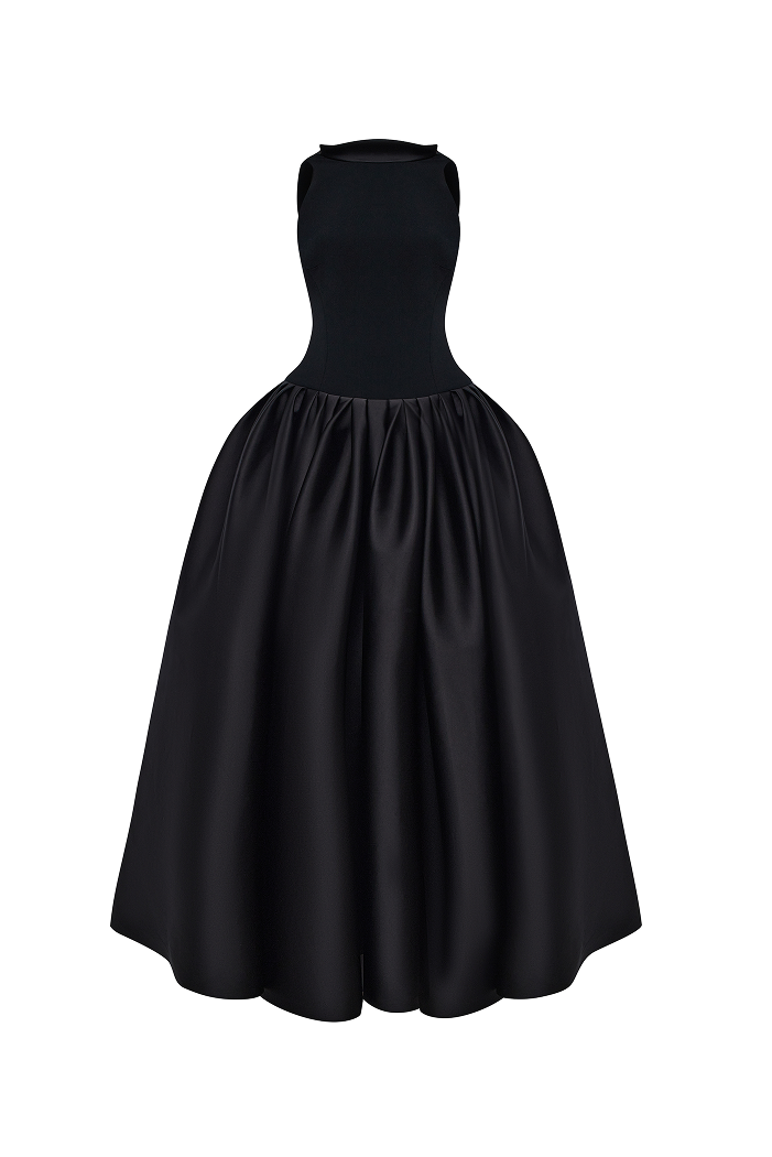 Crepe and satin maxi dress with a voluminous skirt