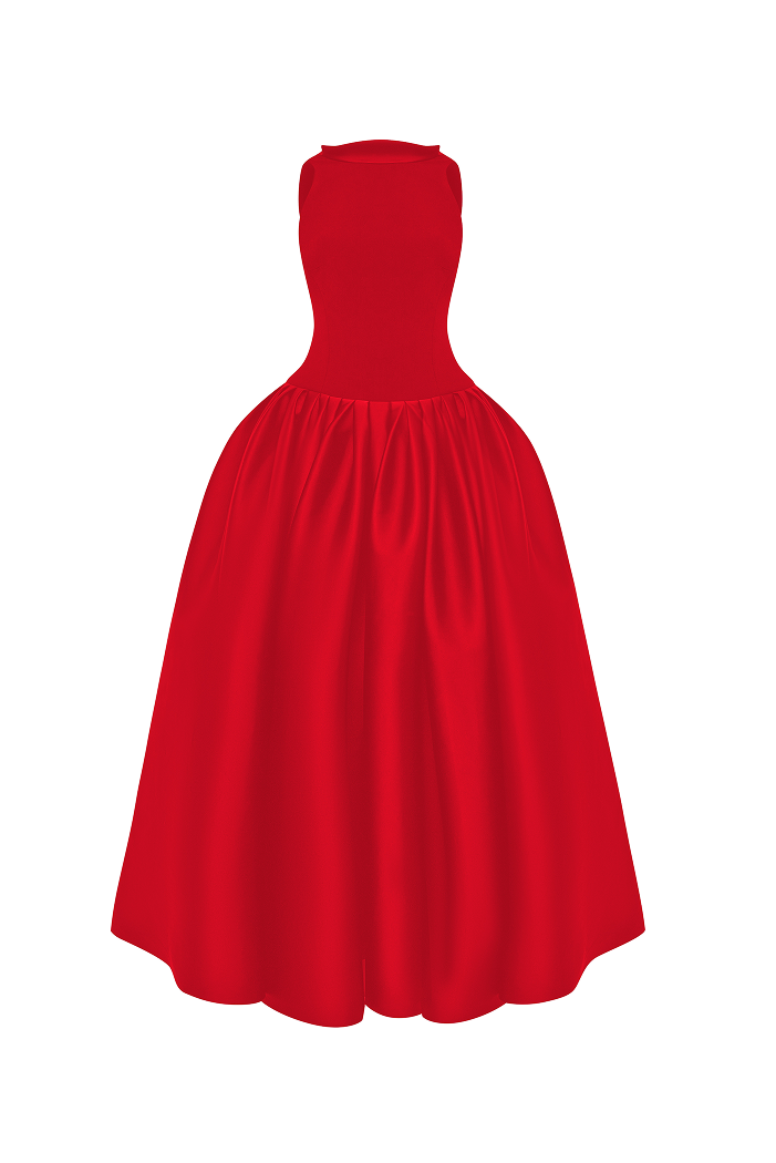 Crepe and satin maxi dress with a voluminous skirt