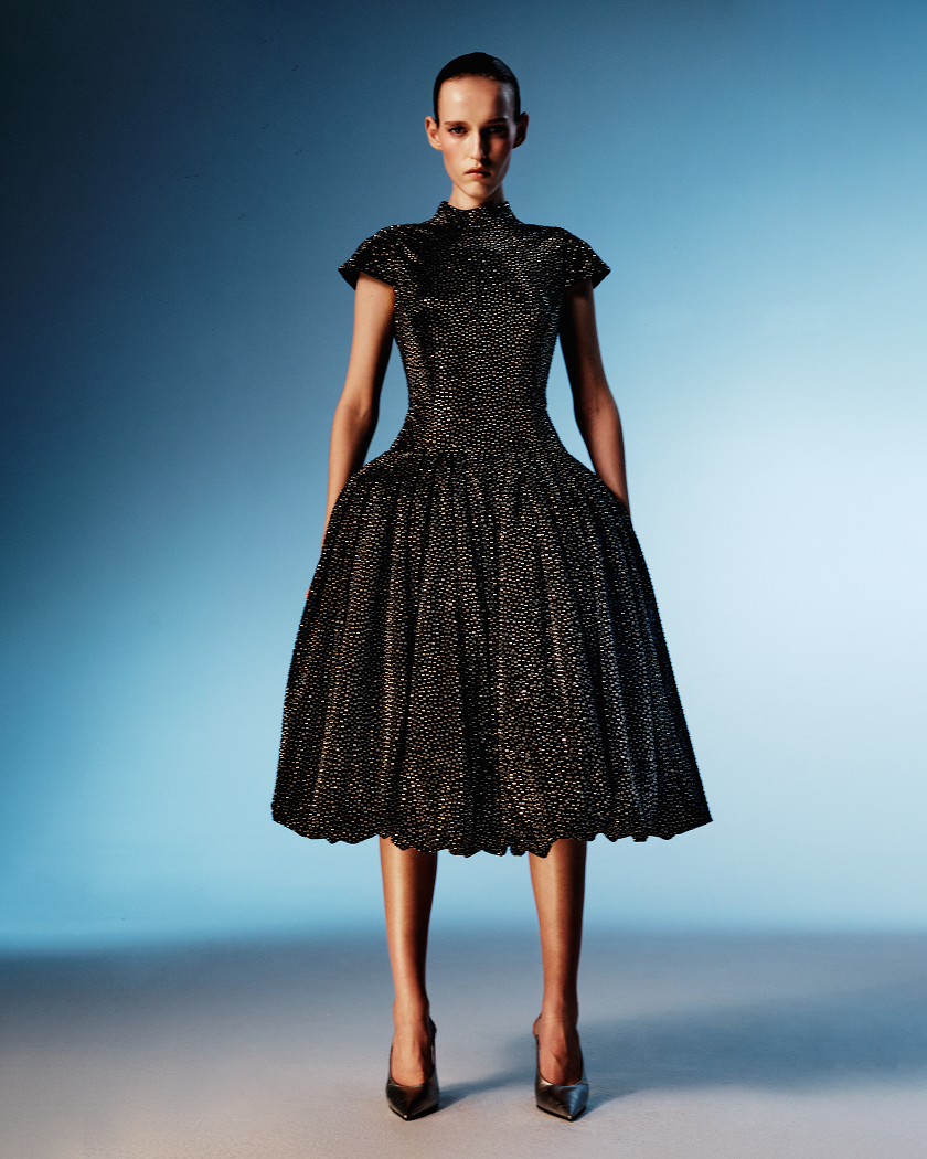 Crystal-embellished mesh midi dress with a voluminous skirt