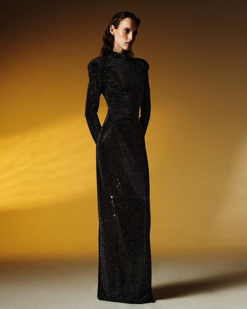 Crystal-embellished mesh maxi dress with voluminous shoulders