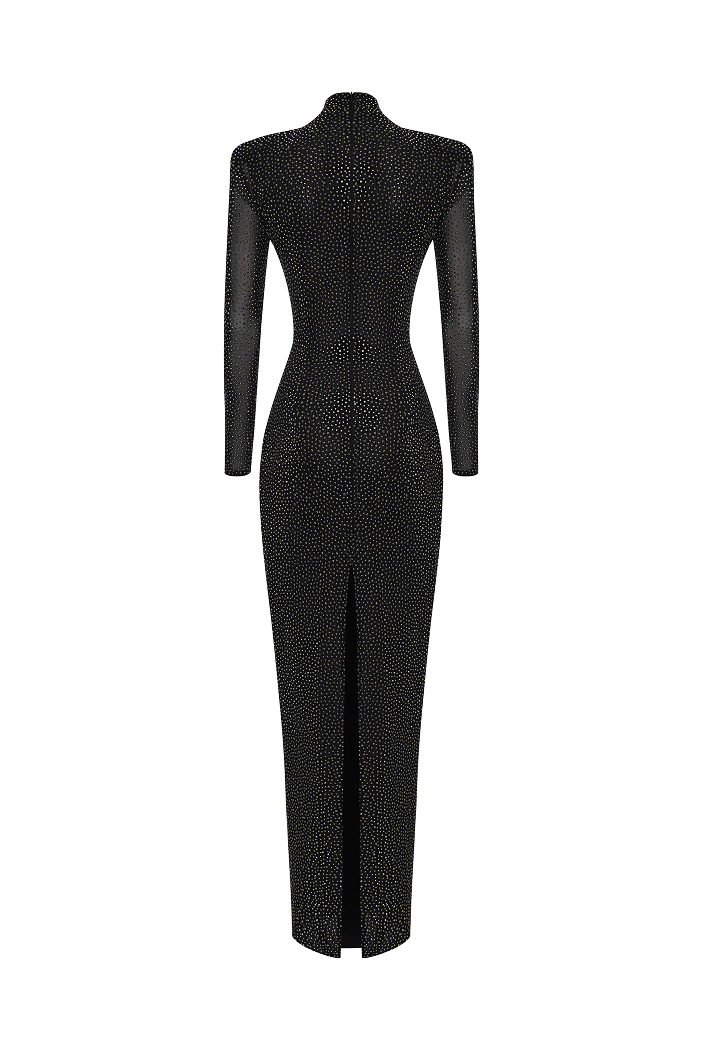 Crystal-embellished mesh maxi dress with voluminous shoulders