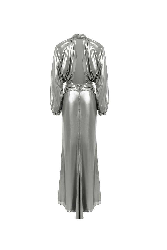 Draped chiffon maxi dress with voluminous shoulders and an open back