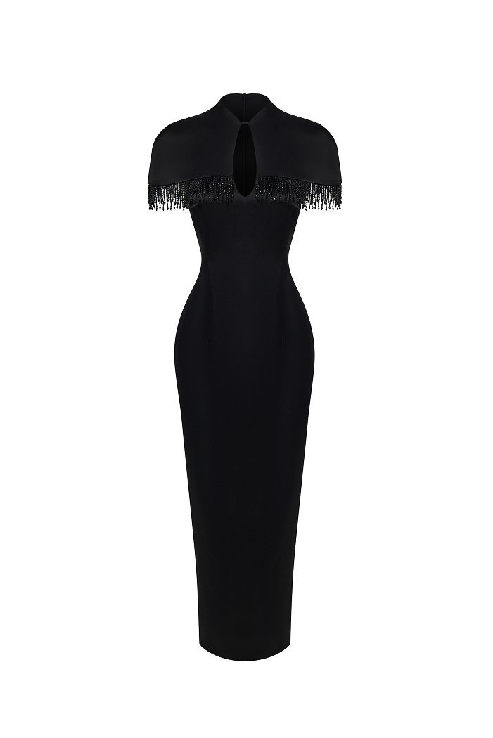 Satin Midi Dress with Fringe Trim 46 (FR) / Black Satin Midi Dress with Fringe Trim 46 (FR) / Black