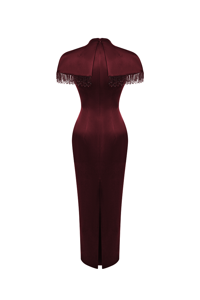 Satin midi dress with fringe trim