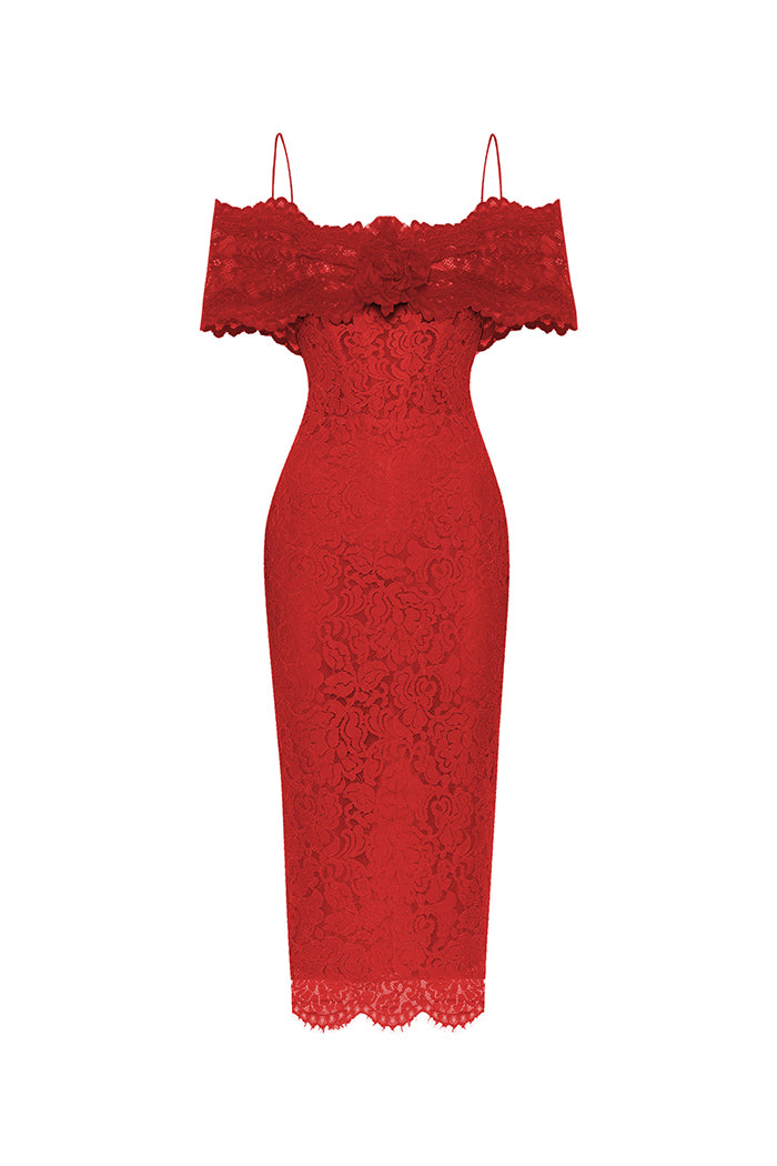 Lace midi dress with a flower red 005DD003 – RASARIO