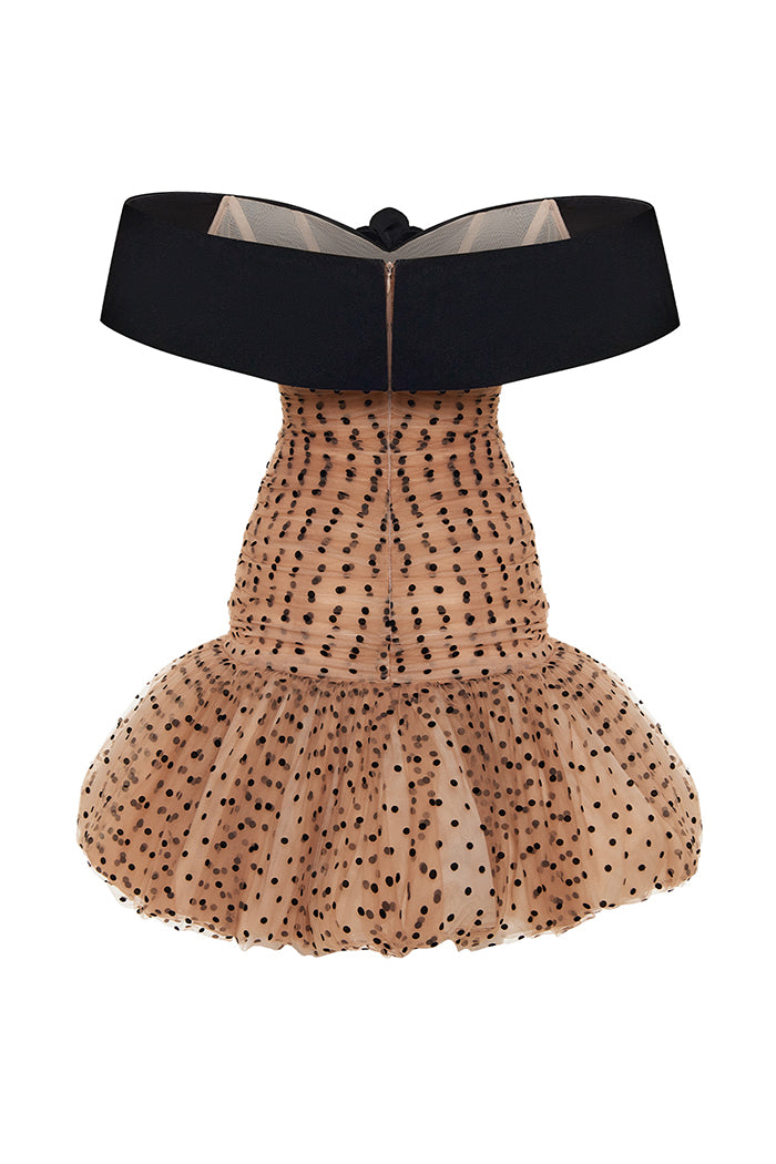 Draped polka dot tulle and velvet mini dress