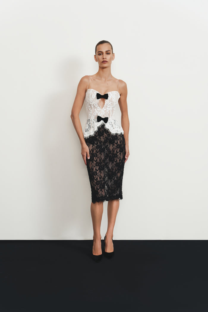 Lace corset midi dress with bows