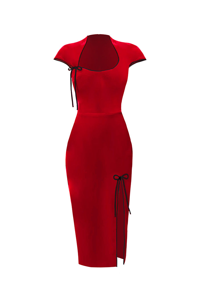 Velvet Midi Dress with Ties 34 (FR) / Red
