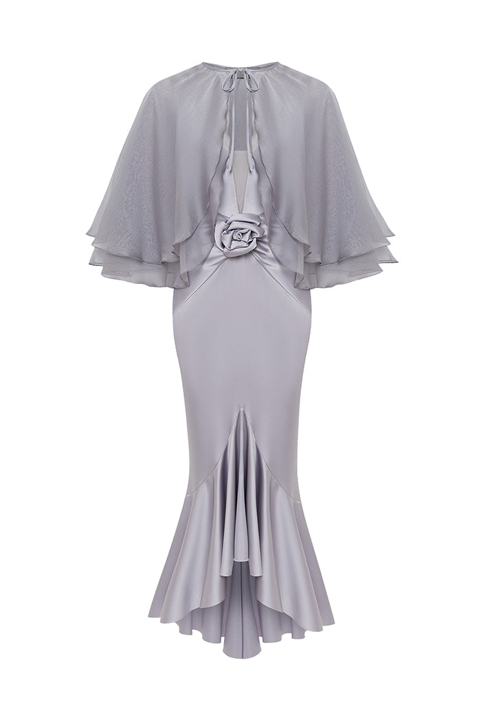 Satin midi dress with a flower and cropped cape