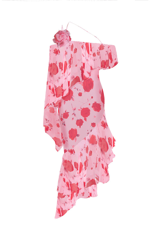 Asymmetrical printed chiffon midi dress with flounces 34 (FR) / Pink Asymmetrical printed chiffon midi dress with flounces 34 (FR) / Pink