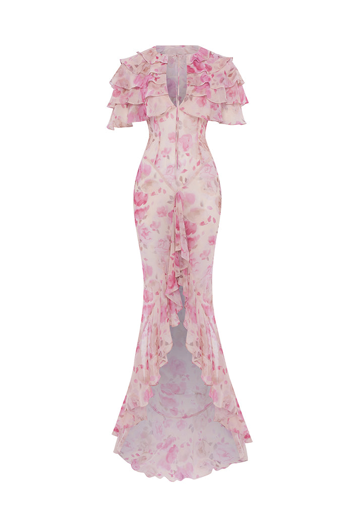 Printed Chiffon Maxi Dress with Ruffles and Flounces 36 (FR) / Powder