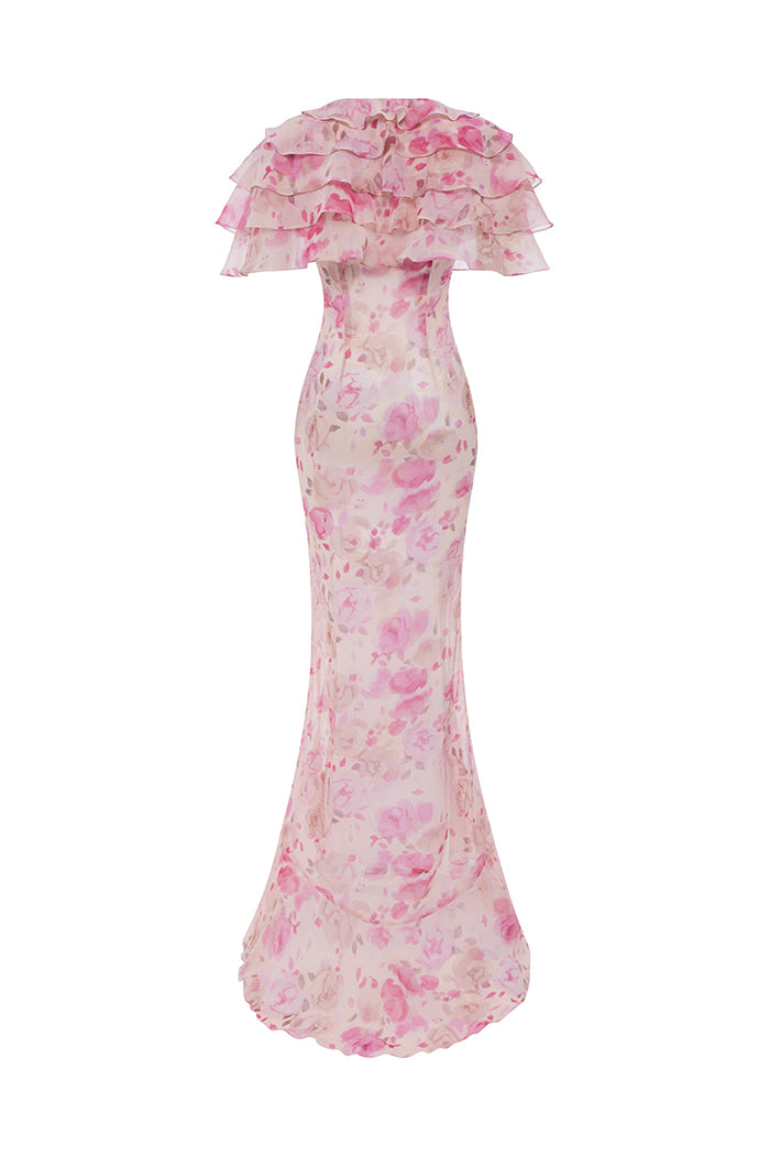 Printed chiffon maxi dress with ruffles and flounces – Rasario