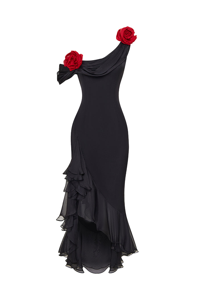Chiffon midi dress with flowers 44 (FR) / Black Chiffon midi dress with flowers 44 (FR) / Black