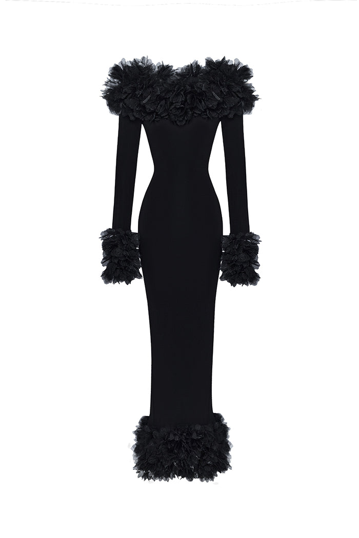Maxi dress in jersey with floral trim