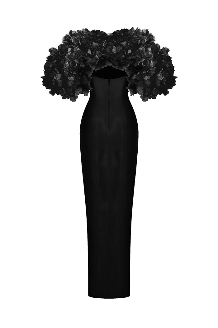 Crepe maxi dress with floral trim – Rasario