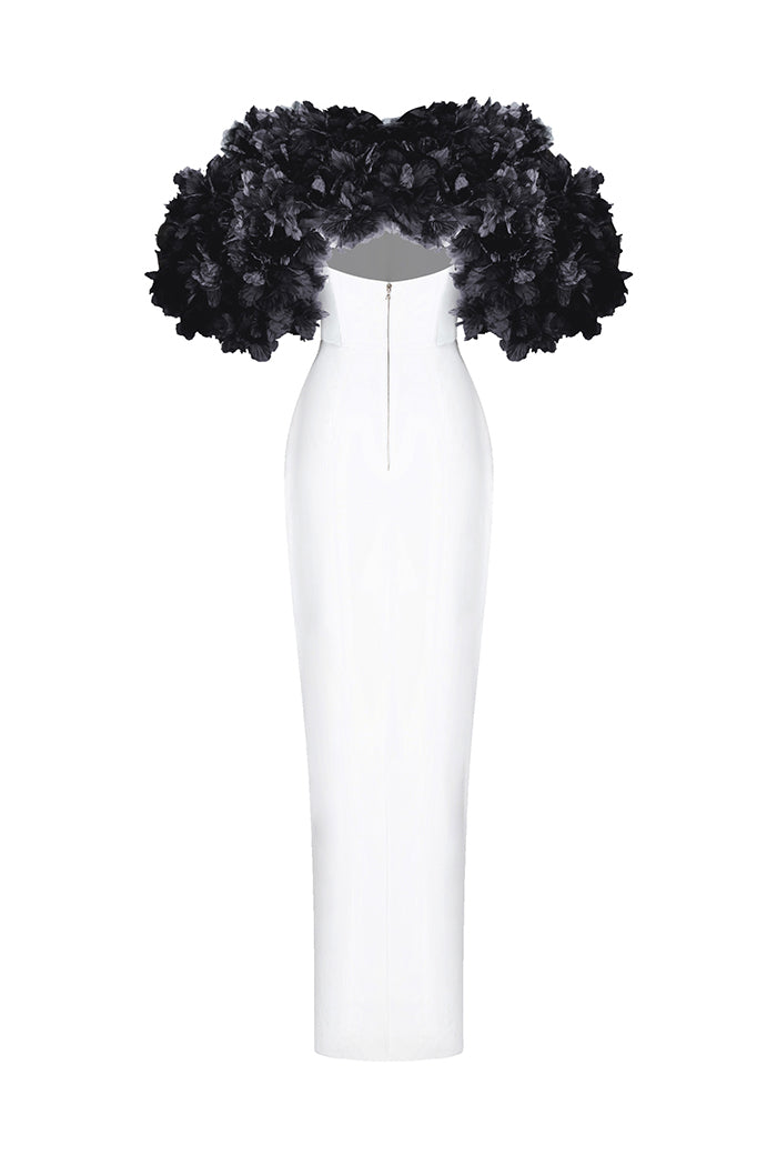 Crepe maxi dress with floral trim – Rasario