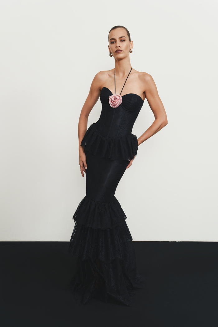 Lace maxi dress with a chiffon flower
