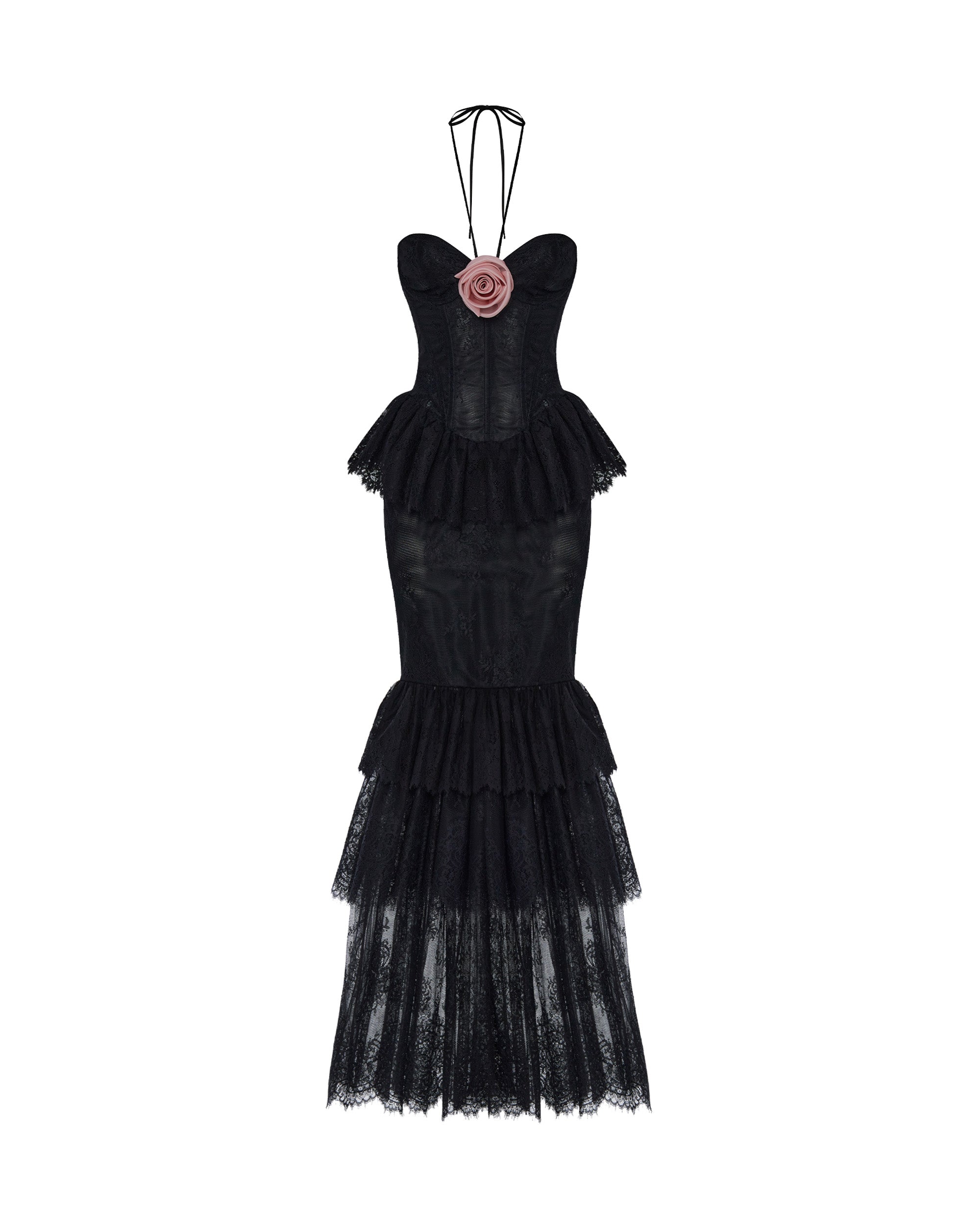 Lace maxi dress with a chiffon flower