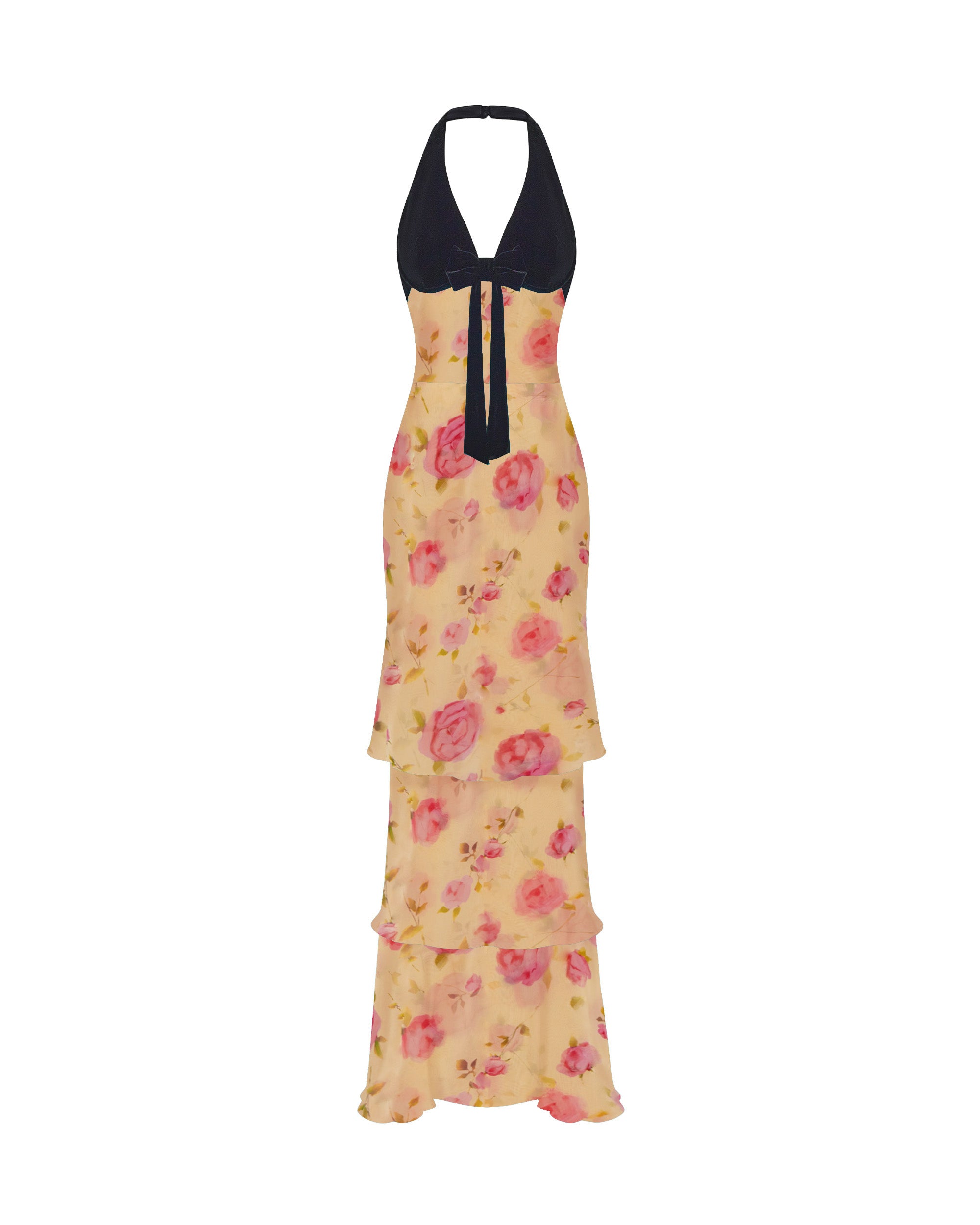 Chiffon and velvet maxi dress with a bow