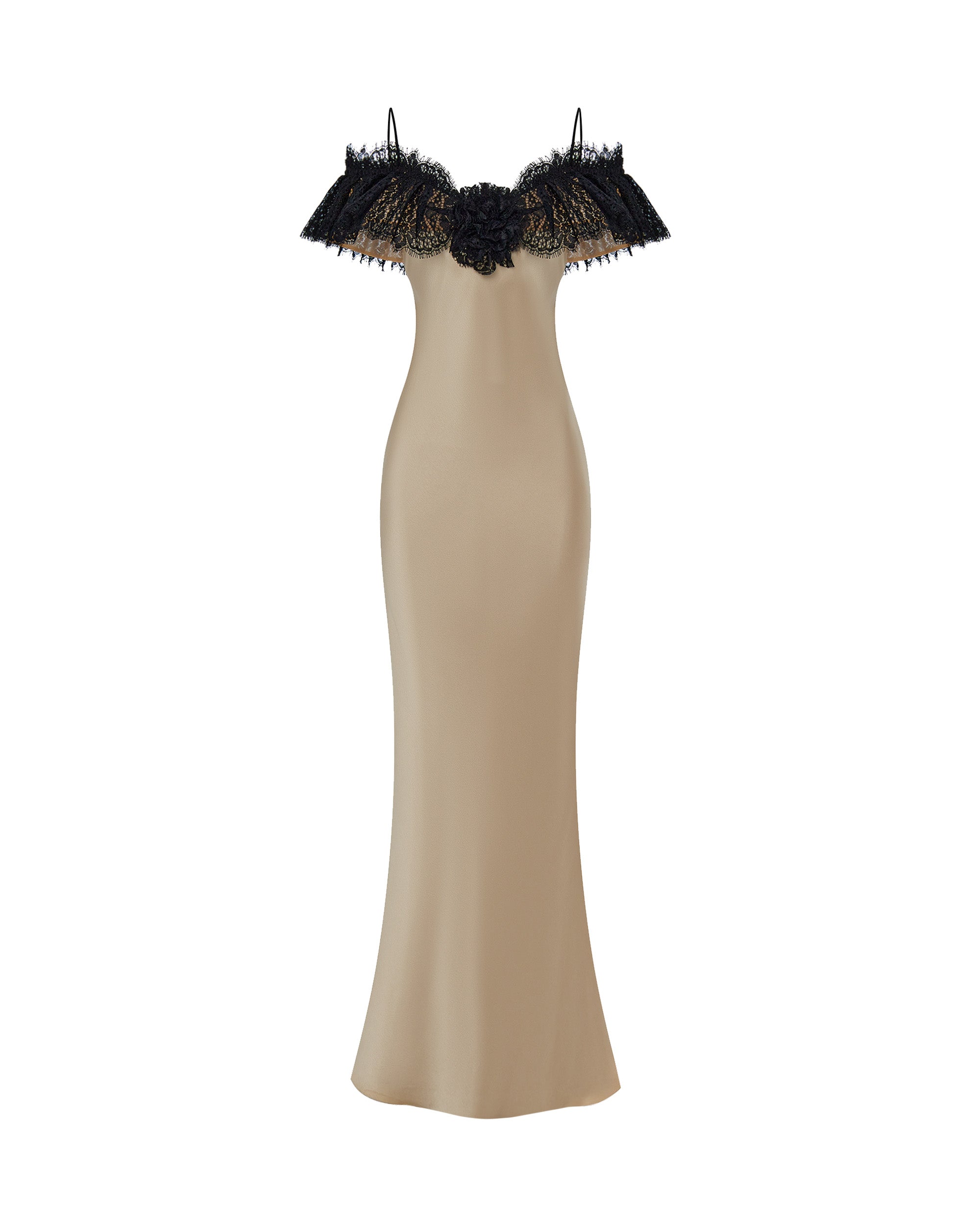 green emerald velvet dress Satin and Lace Maxi Dress with A Flower 44 (FR) / Gold/Black