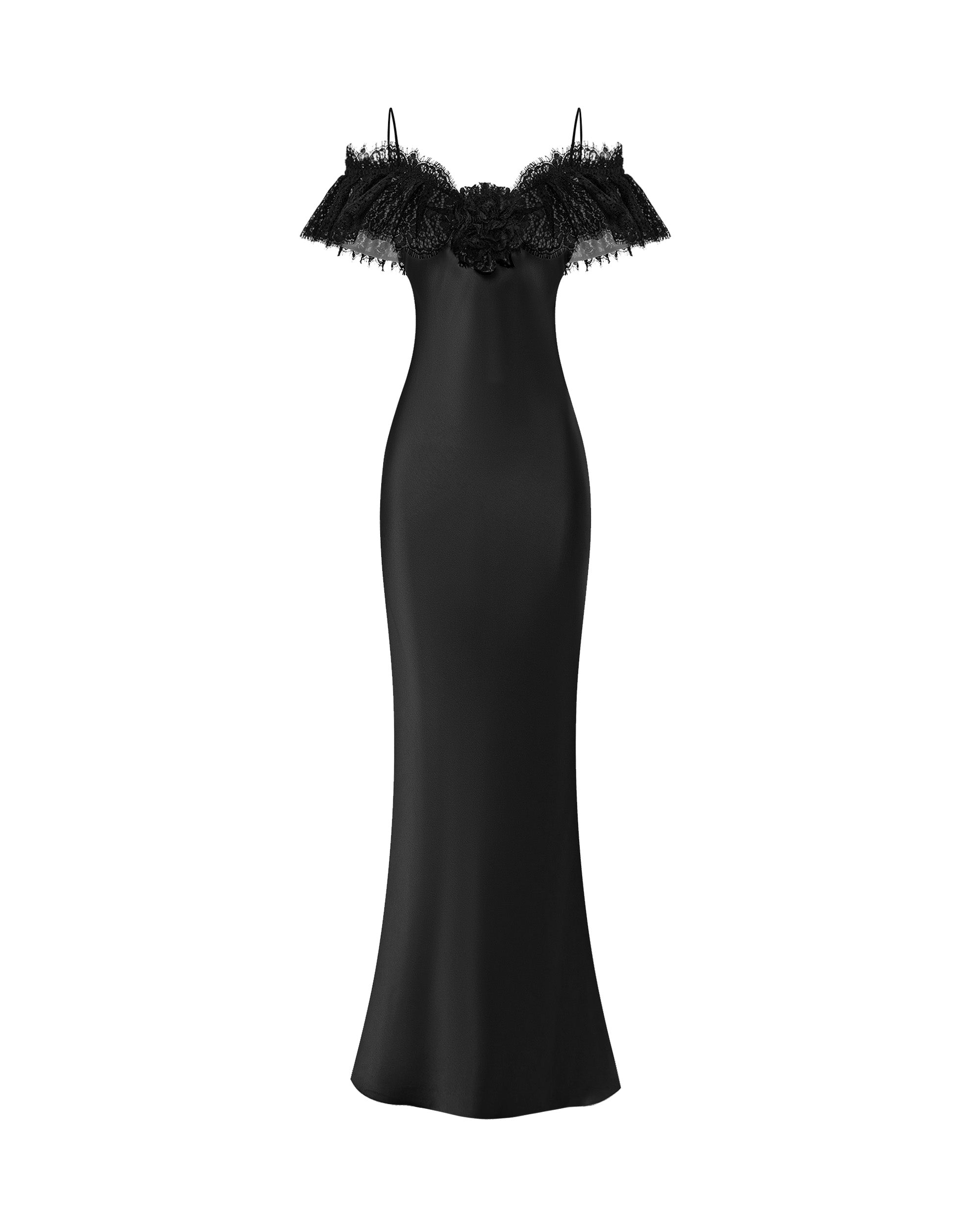 Satin and lace maxi dress with a flower 40 (FR) / Black Satin and lace maxi dress with a flower 40 (FR) / Black