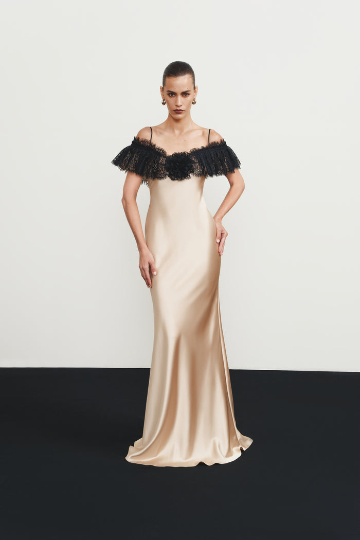 Satin and lace maxi dress with a flower