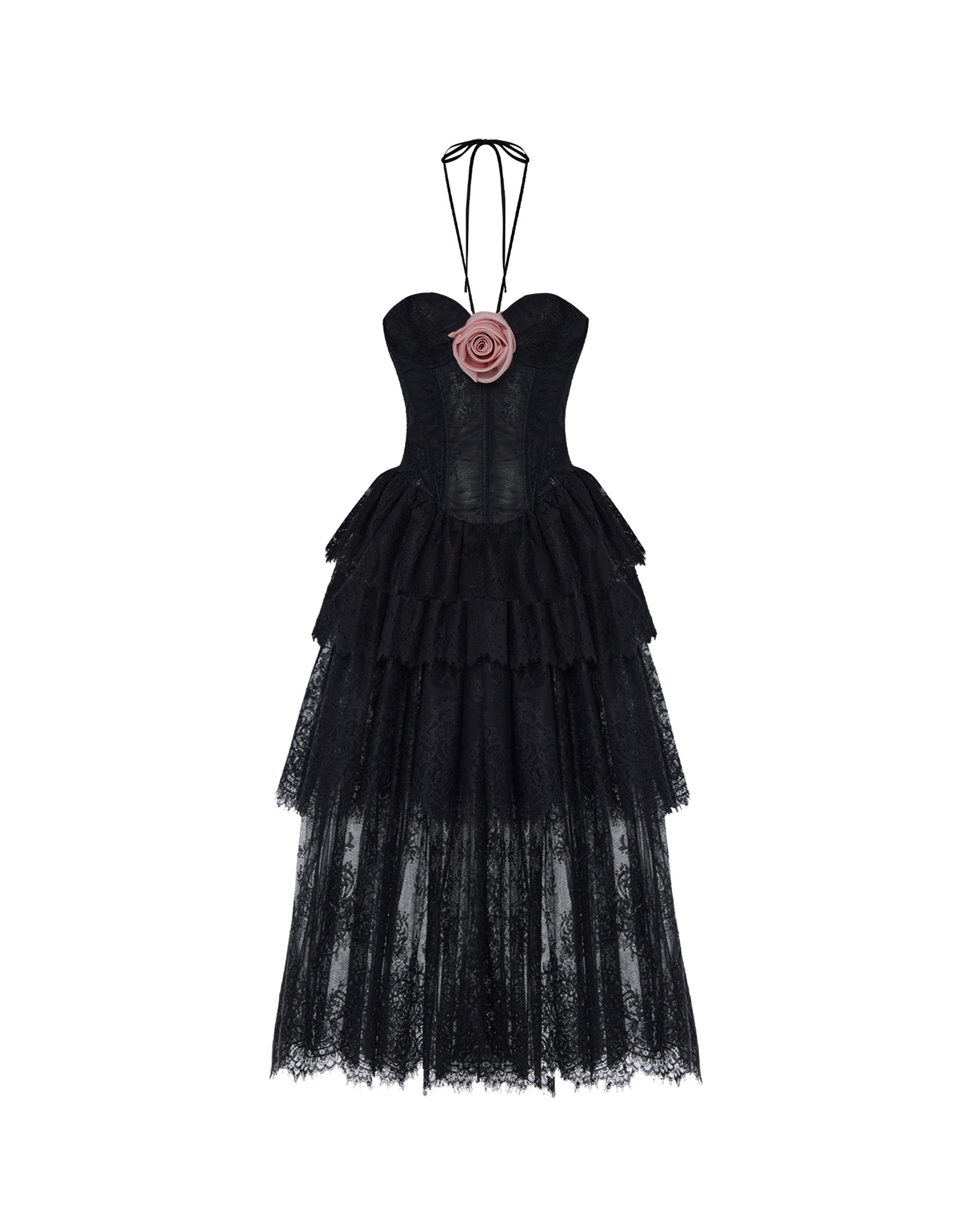 Lace corset midi dress with a flower