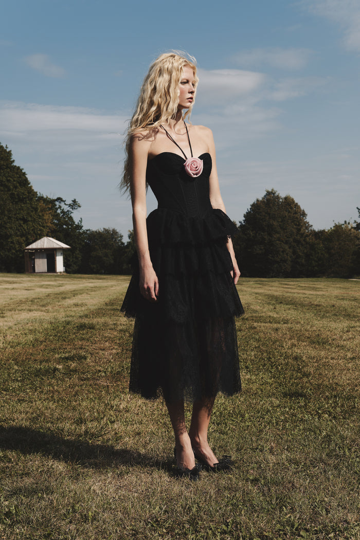 Lace corset midi dress with a flower