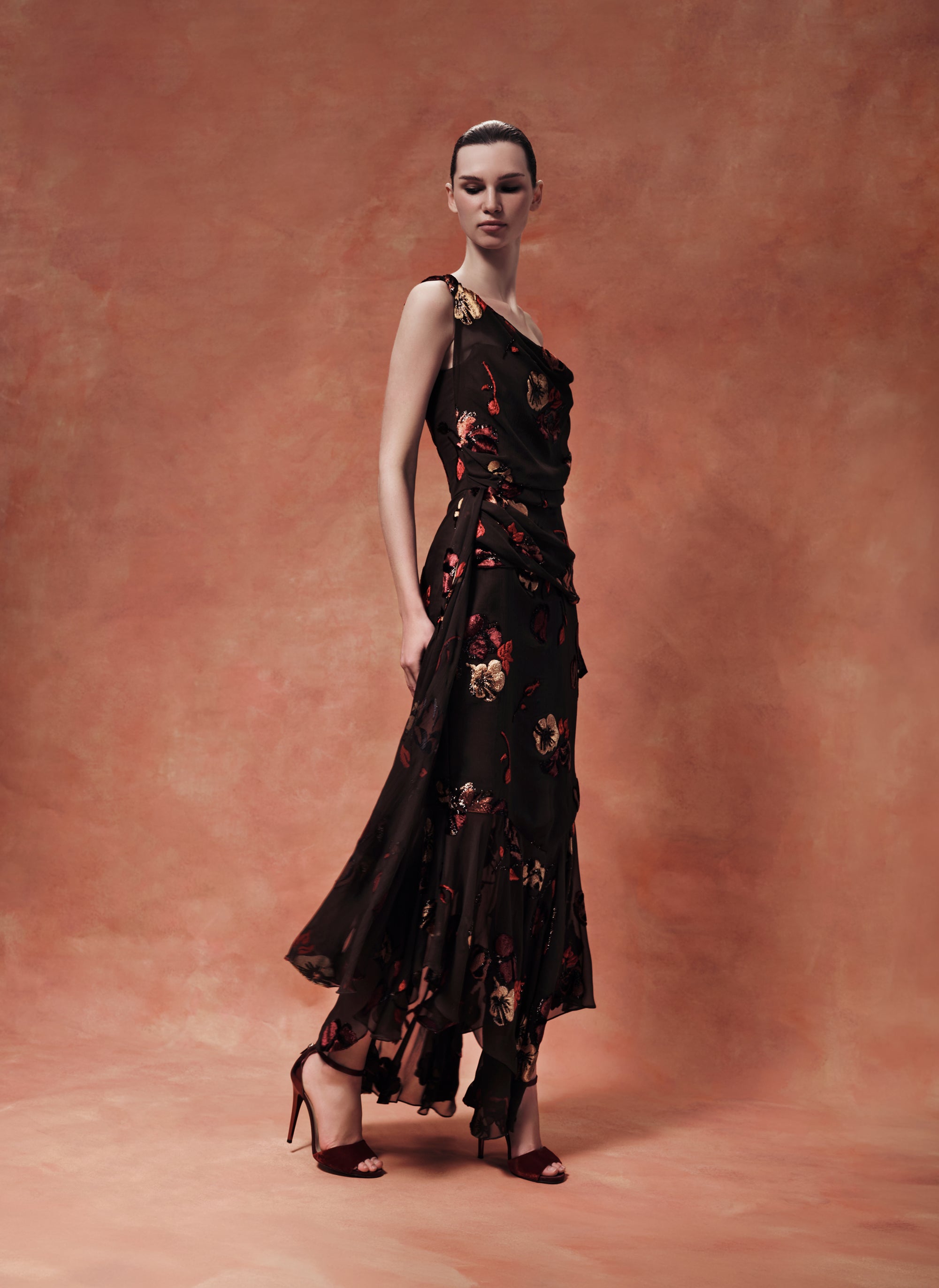 Midi corset dress made of panne velvet with an asymmetrical bodice