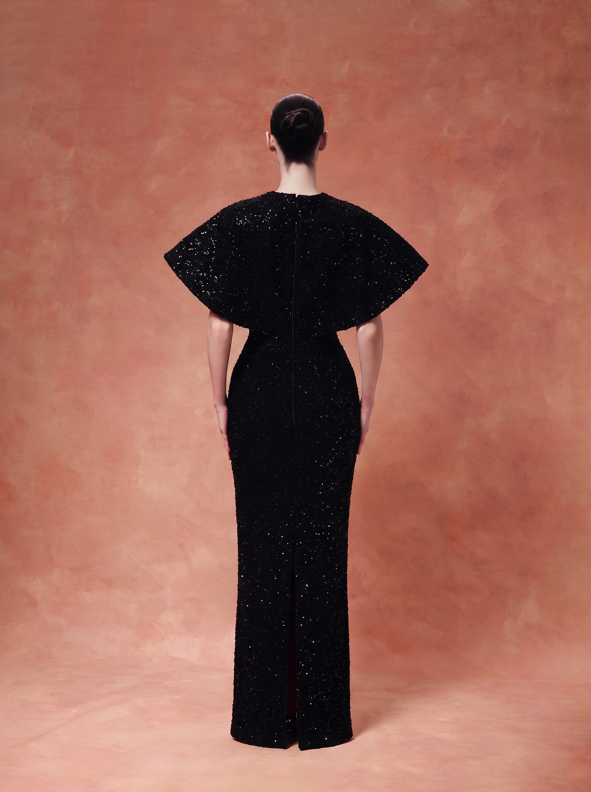 Sequin-Embellished Maxi Gown with Sculptural Contrast-Lined Sleeves