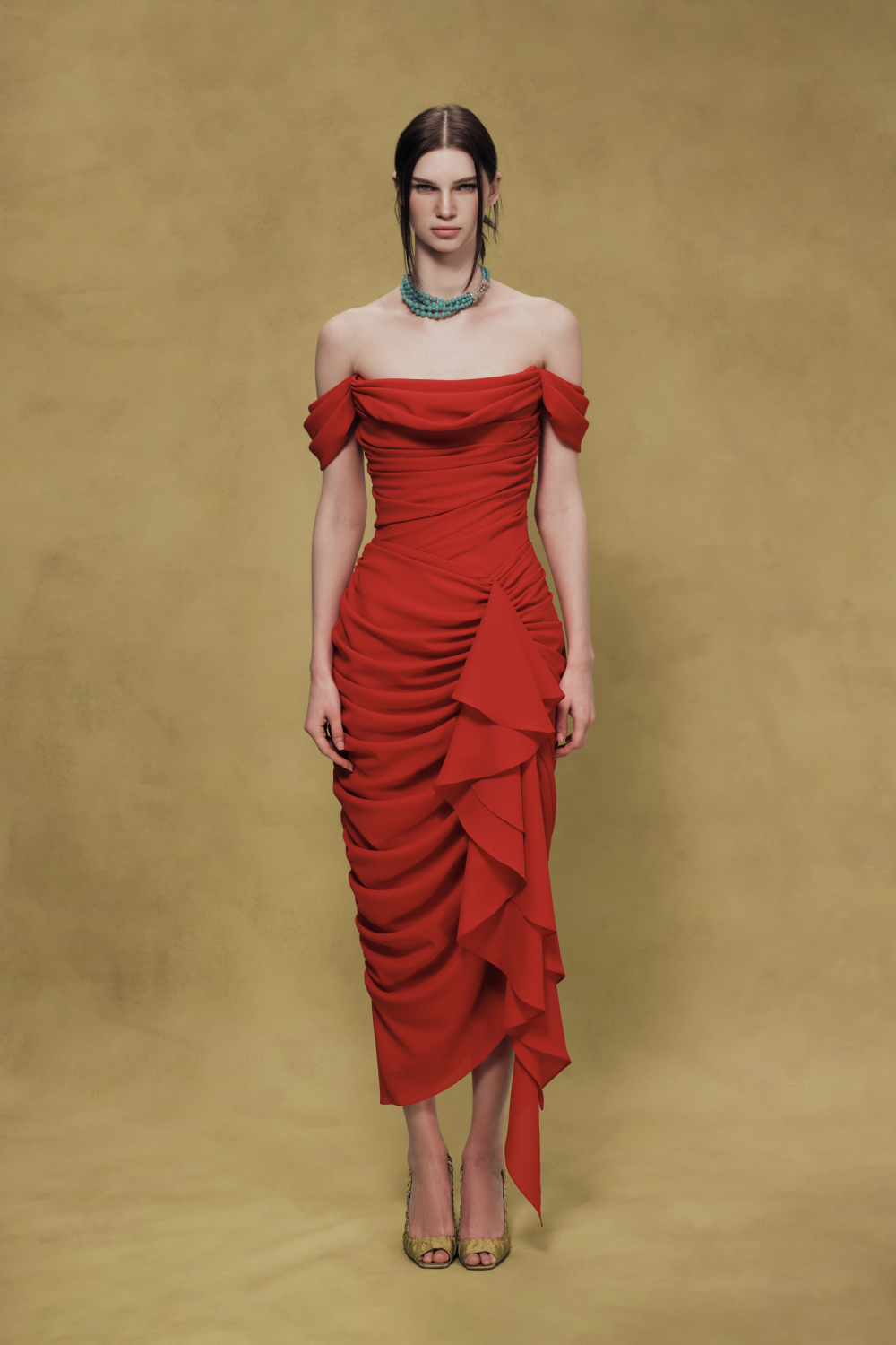 Off-shoulder dress with draping