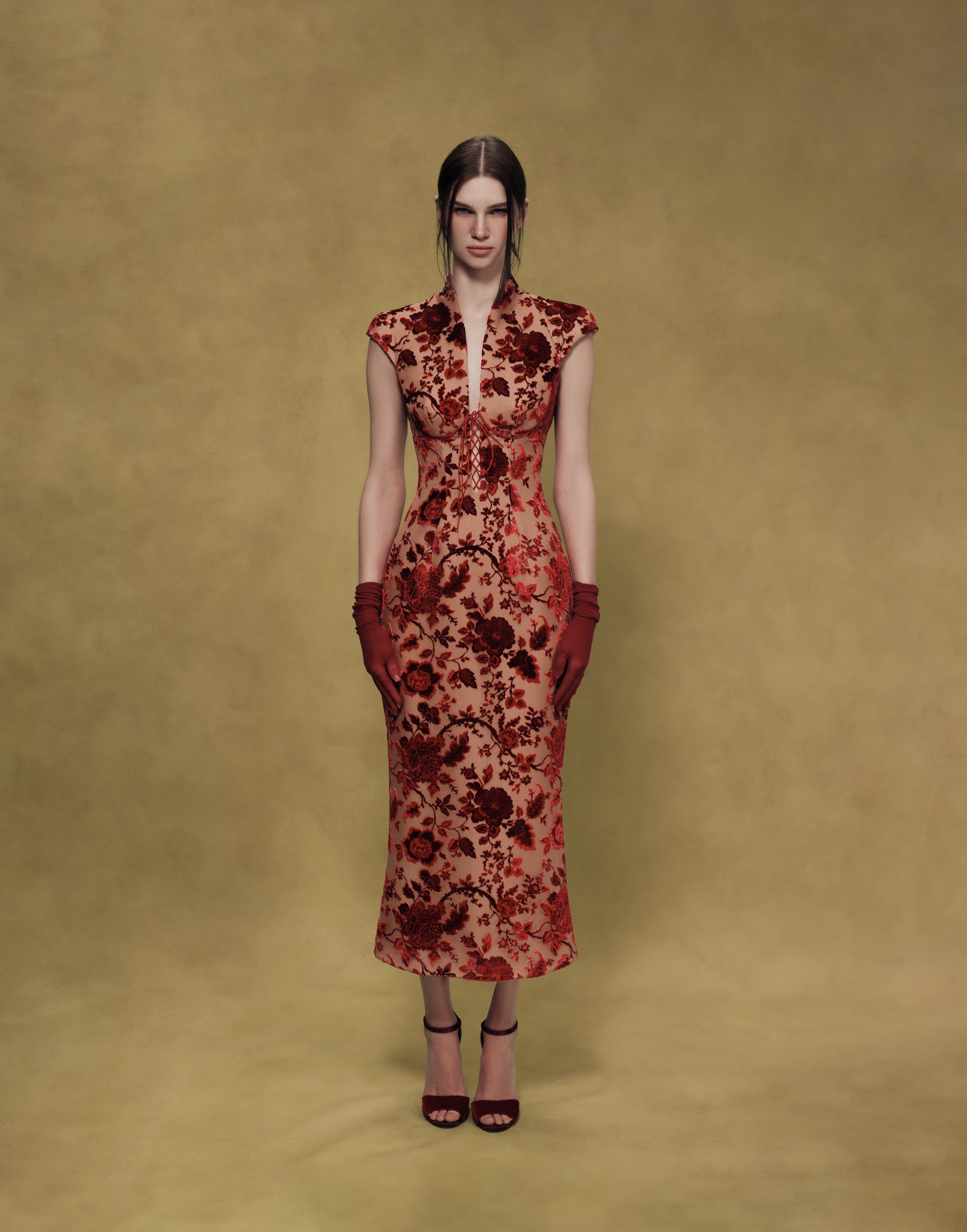 Devoré Velvet Midi Dress with Lacing
