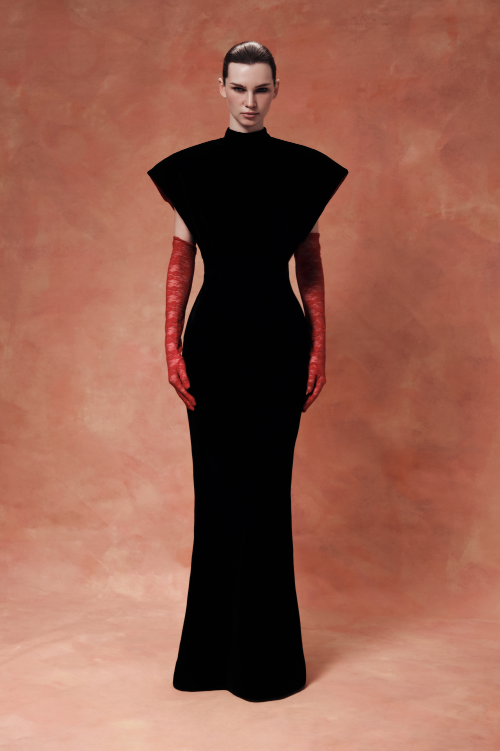 Velvet maxi dress with sculptural sleeves and teardrop back