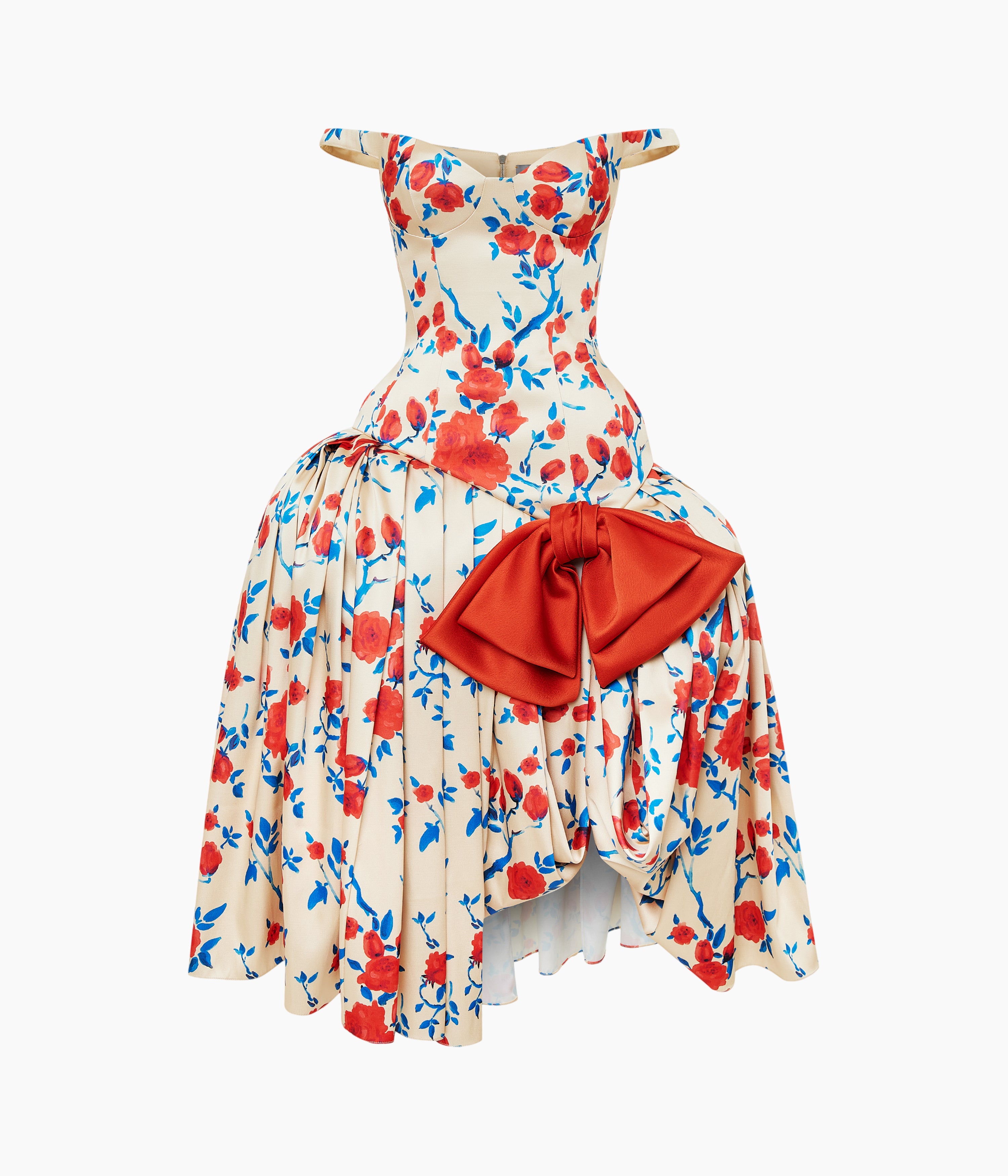 Floral Satin Midi Dress with Sculptural Bow