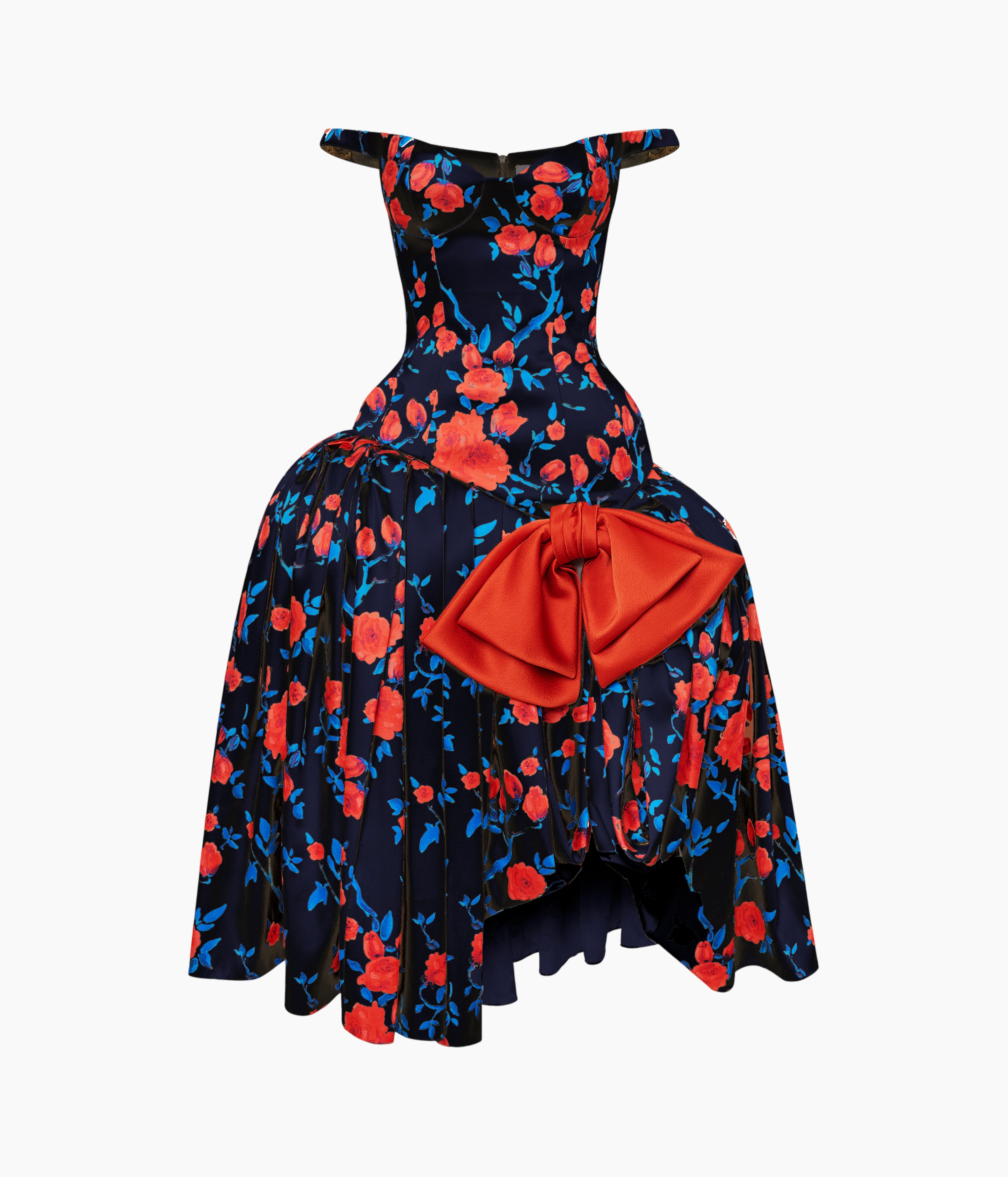 Floral Satin Midi Dress with Sculptural Bow