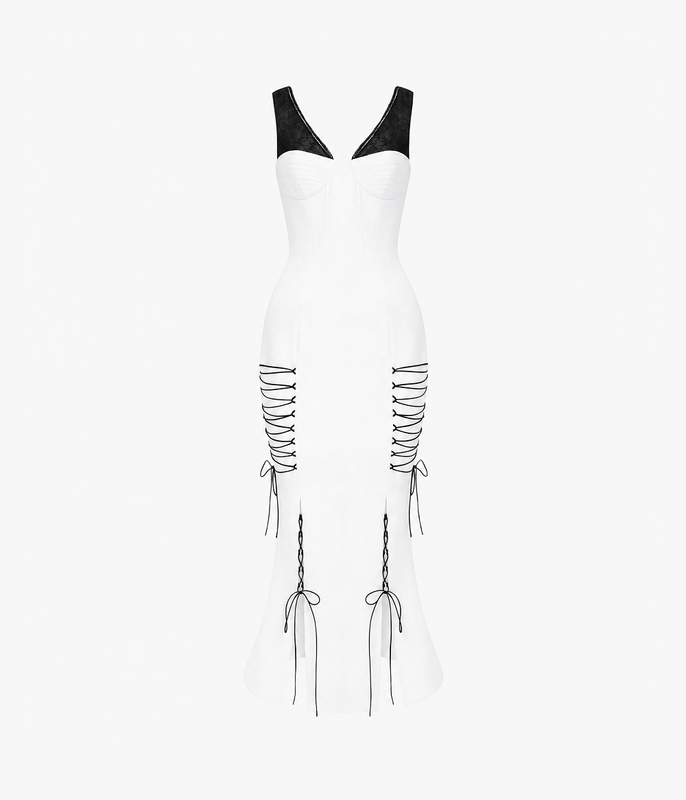 Crepe midi dress with a corset bodice and lace-up detailing