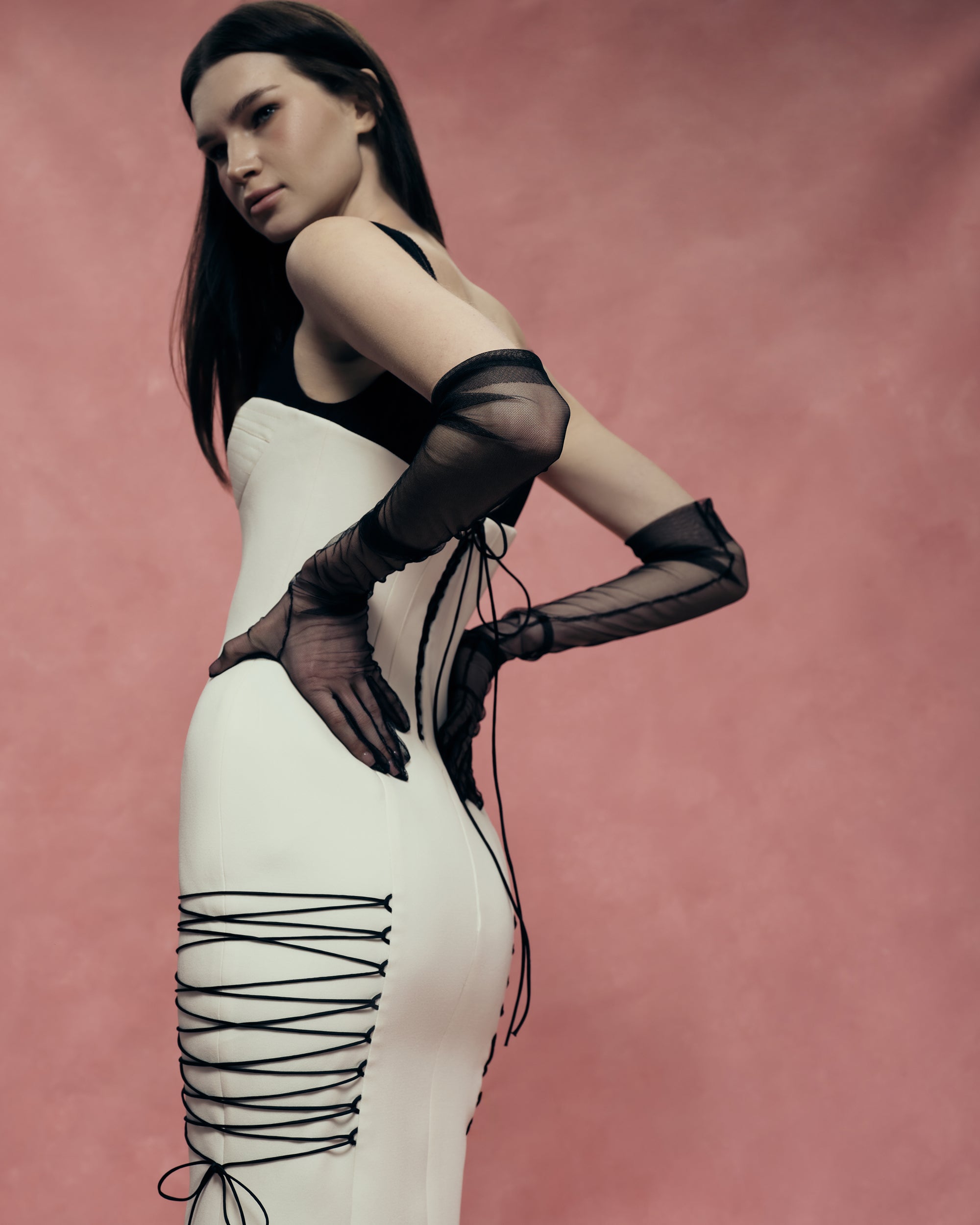 Crepe Midi Dress with a Corset Bodice and Lace-Up Detailing
