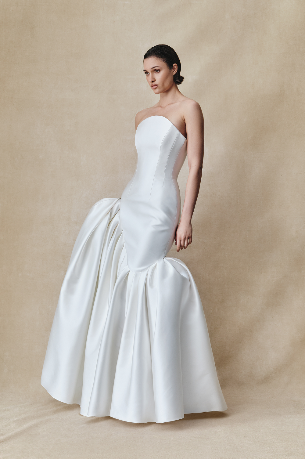 Asymmetric structured satin corset maxi dress