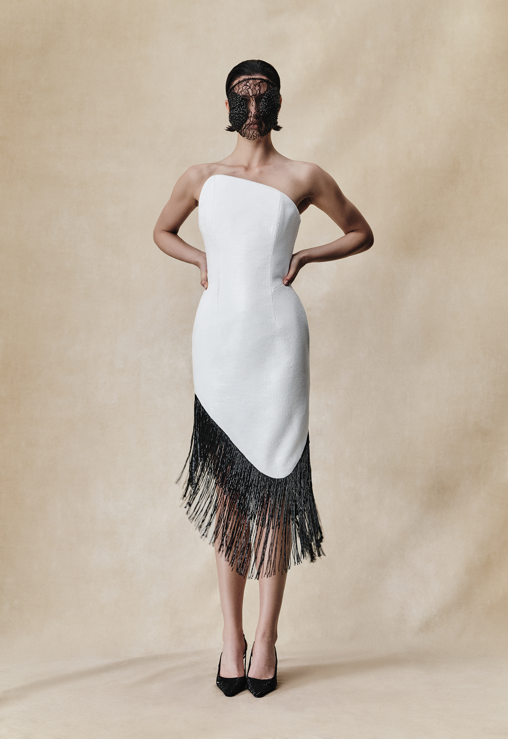 Sequin asymmetric midi dress with beaded fringe