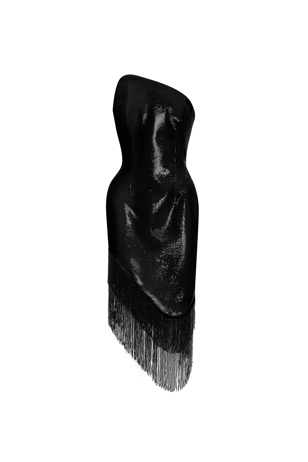 Sequin asymmetric midi dress with beaded fringe